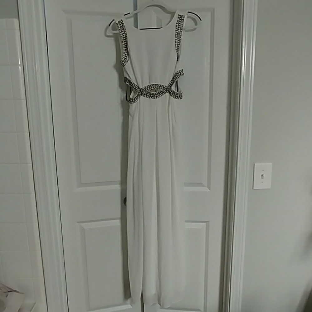 White and gunmetal chiffon gown